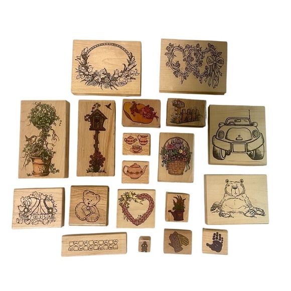Set of 19 Vintage Floral, Teddy Bear, Tea, Artsy, Hearts + Wooden Rubber Stamps - Picture 1 of 16